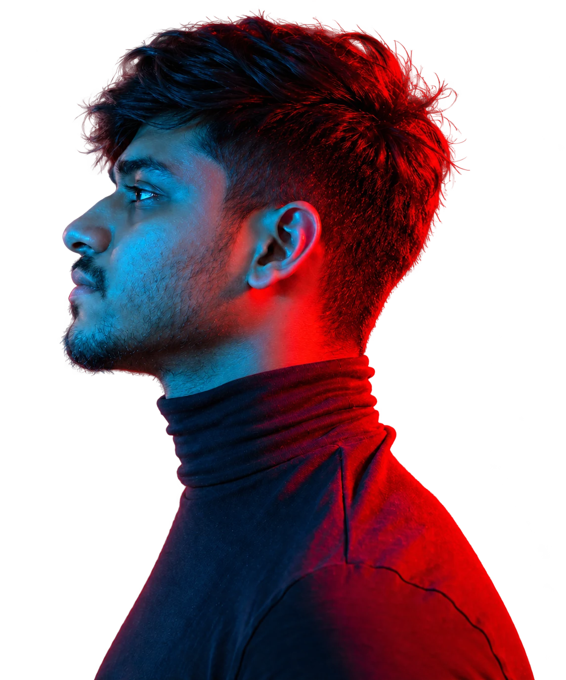 Neon-lit side-profile portrait in blue and red light